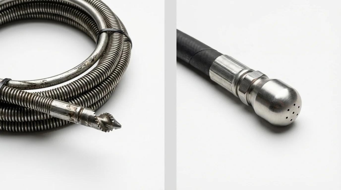 Drain snake cable and hydro jetting nozzle used for drain cleaning in Newark, TX