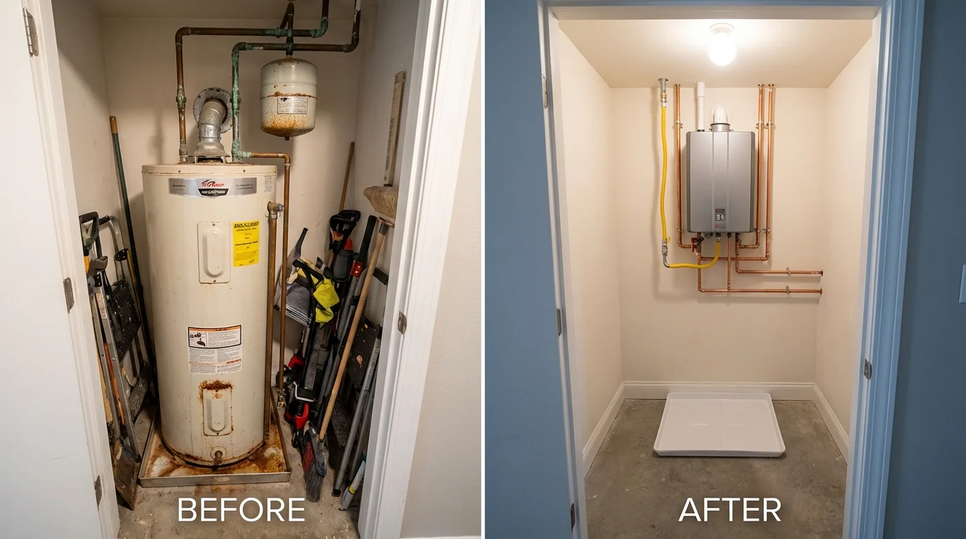 Tank water heater versus wall-mounted tankless unit comparison for Newark, TX homeowners