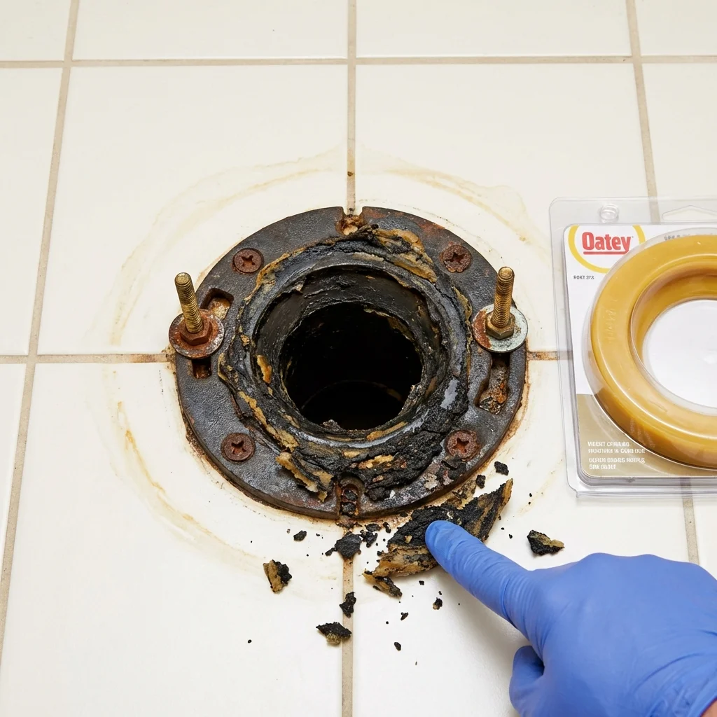 Failed wax ring showing water seepage at the base of a toilet in a Newark, TX home