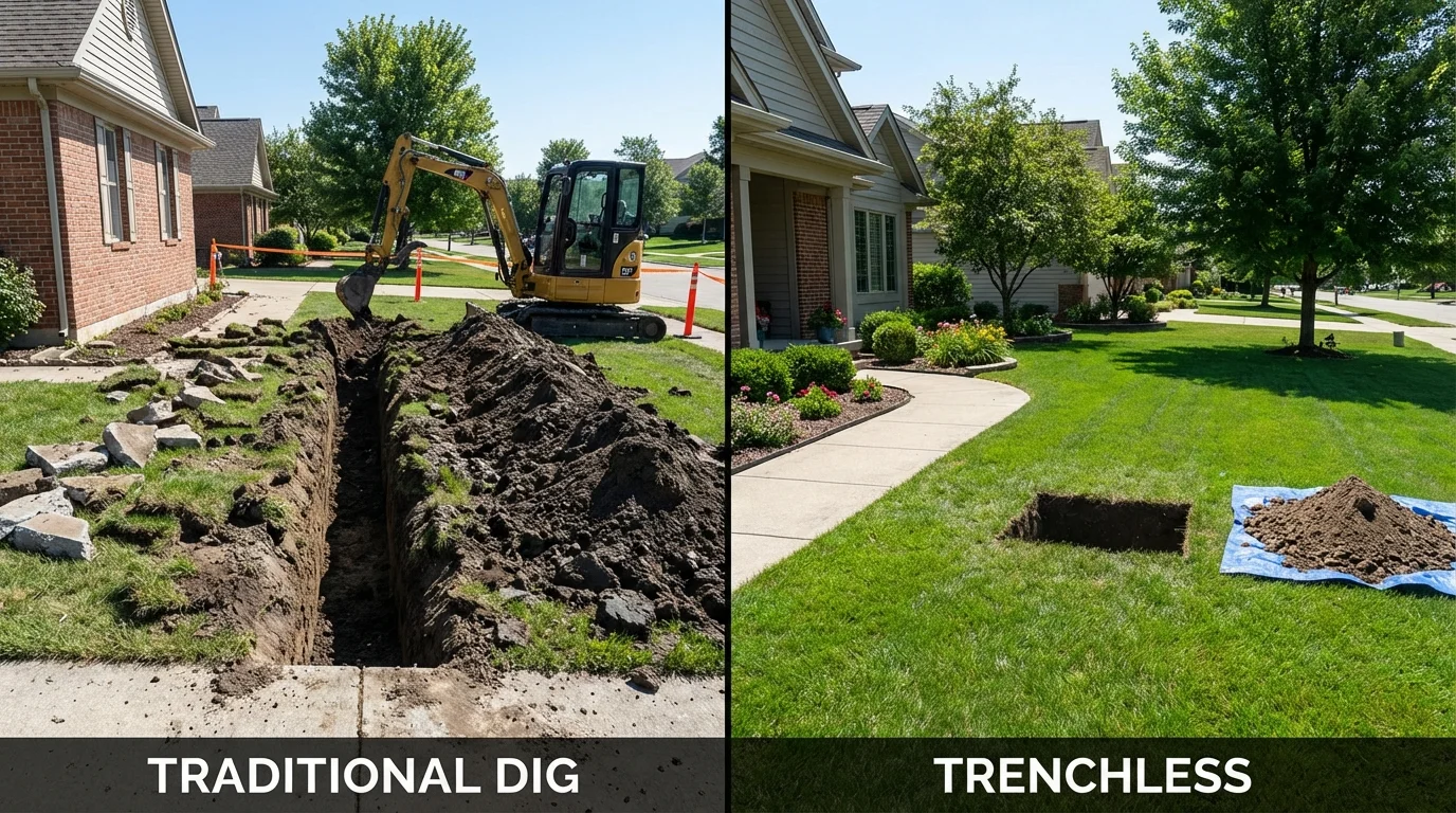 Trenchless sewer repair with minimal yard damage versus traditional excavation in Newark, TX