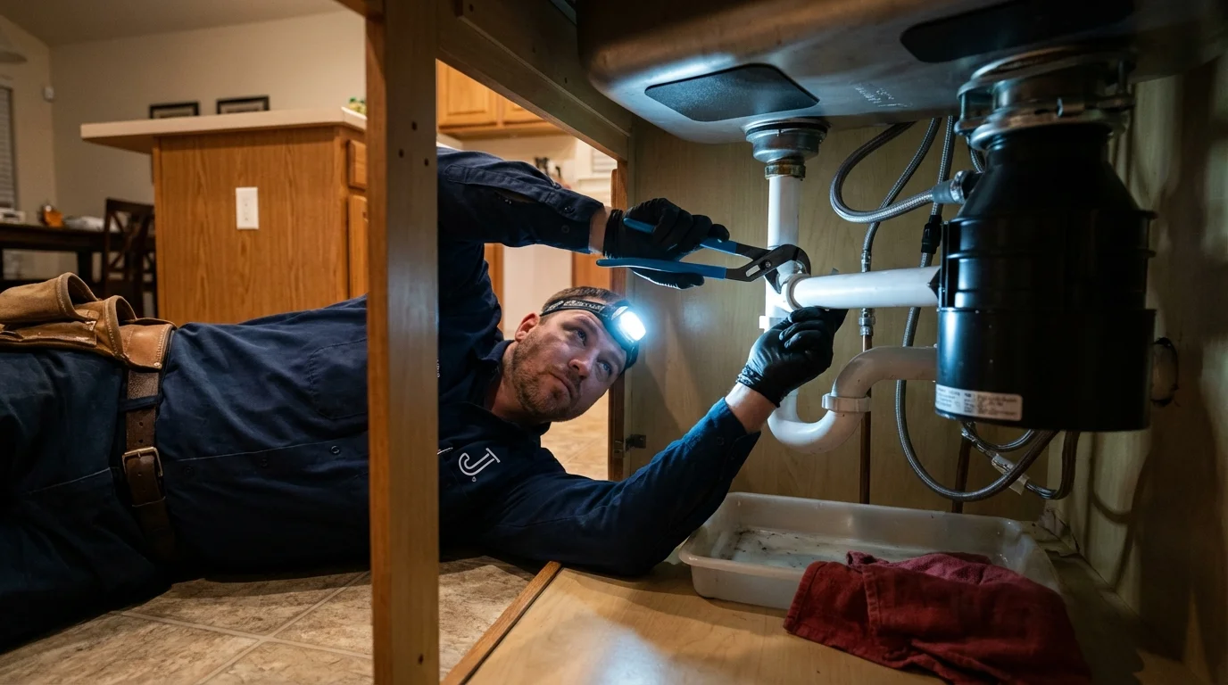 P-trap and supply line connections under a kitchen sink showing a common leak point in Newark, TX